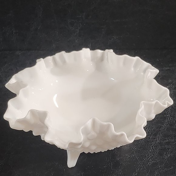 Vintage Fenton White Milk Glass Hobnail Crimped Ruffle Edge 3 Footed Decorative - Picture 7 of 10
